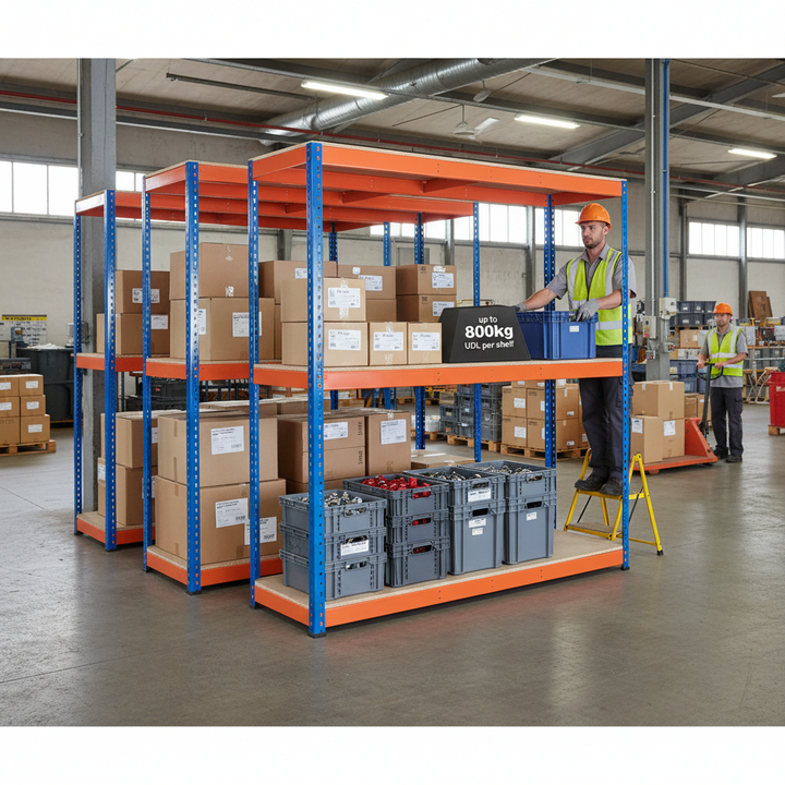 Premium Industrial Shelving System - 2440mm High - 800kg Capacity - Chipboard - Front view