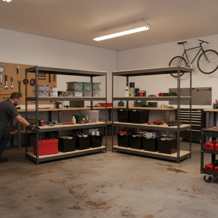 4x Premium Heavy Duty Shelving - 1800mm High - Grey with 8x 37L Plastic Storage Boxes - Side view