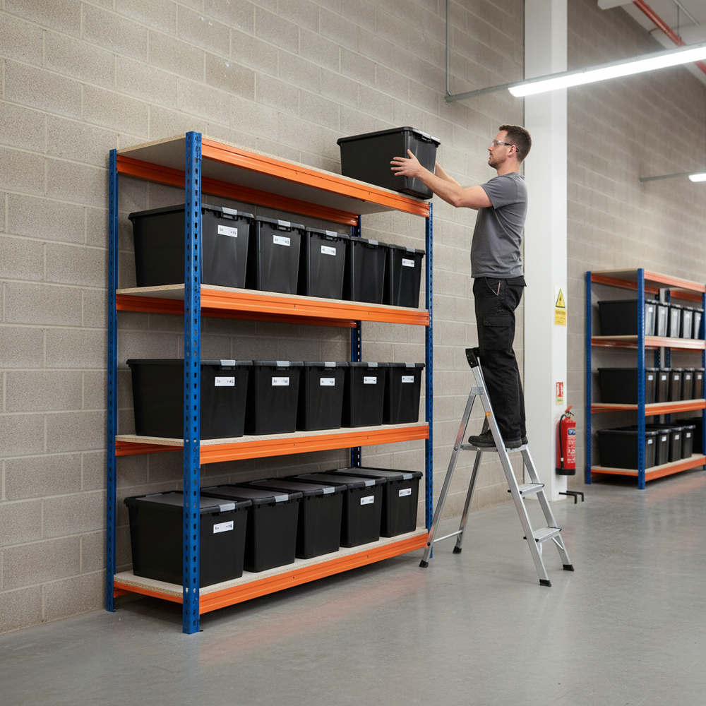 Heavy Duty Shelving Unit - 2000mm High with 8x 37L Plastic Storage Boxes - Side view