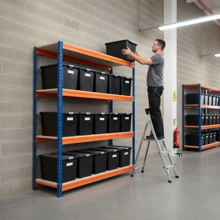 Heavy Duty Shelving Unit - 2000mm High with 8x 37L Plastic Storage Boxes - Side view