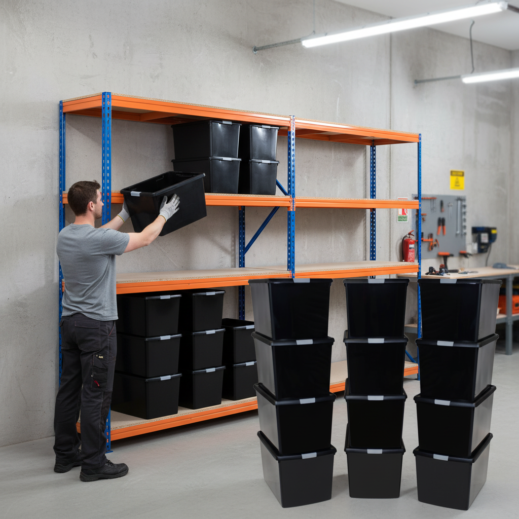 3x Heavy Duty Shelving - 2200mm High - Blue & Orange with 12x 37L Plastic Storage Boxes - Front view