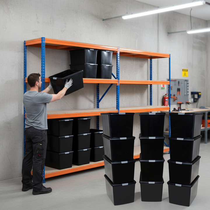 3x Heavy Duty Shelving - 2200mm High - Blue & Orange with 12x 37L Plastic Storage Boxes - Front view