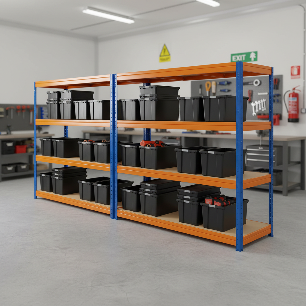 3x Premium Heavy Duty Shelving - 1770mm High - Blue & Orange with 8x 37L Plastic Storage Boxes - Front view