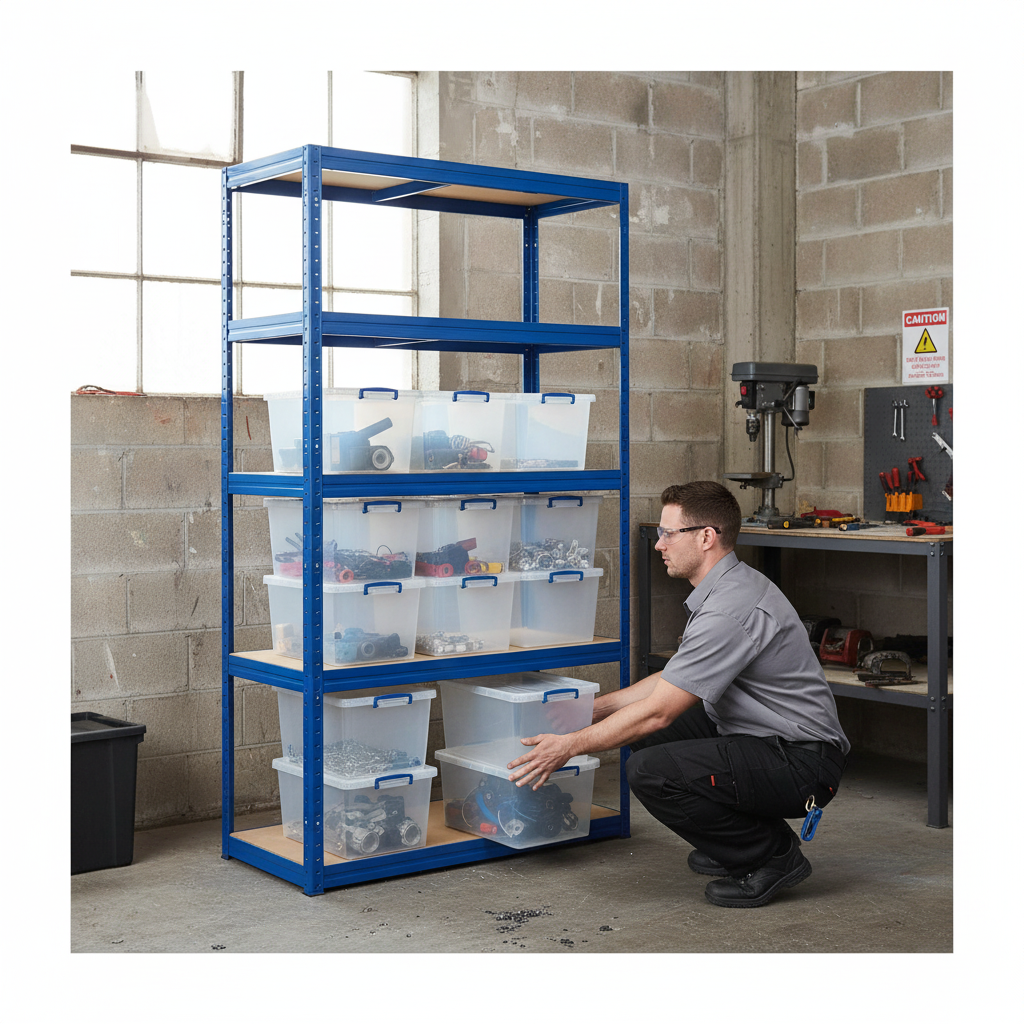 Heavy Duty Shelving Unit - 1800mm High with 12x 33.5L Storage Boxes - Front view