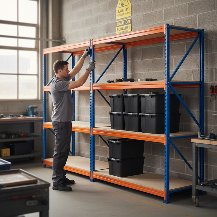 4x Heavy Duty Shelving - 2200mm High - Blue & Orange with 8x 62L Storage Boxes - Front view