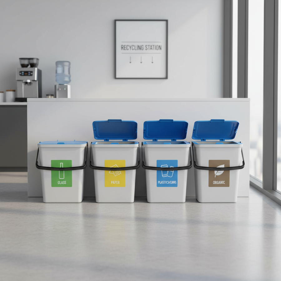 4 Pack of 15L High-Performance Recycling Bins with Flip Lids - Front view