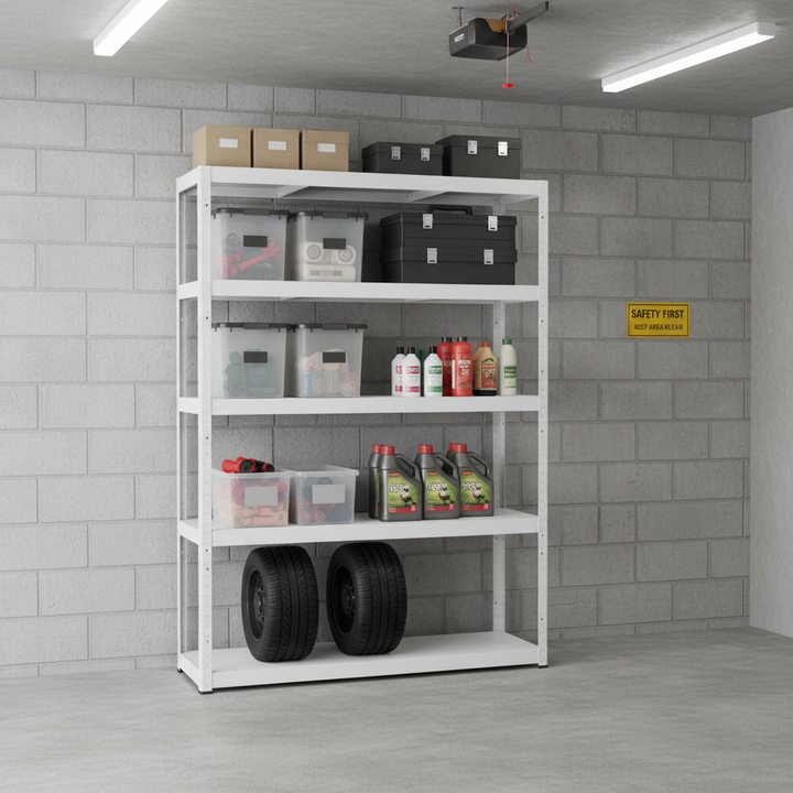 Heavy Duty Metal Shed Shelving - 1800mm High - 90/130kg Capacity - White - Front view