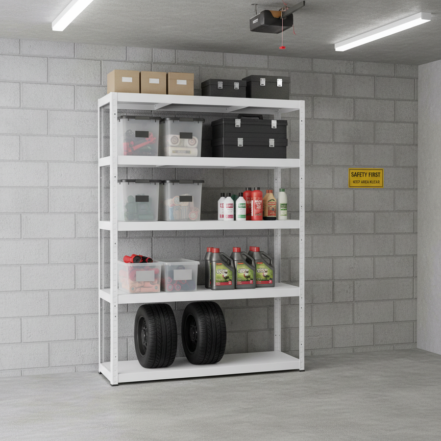 Heavy Duty Metal Shed Shelving - 1800mm High - 90/130kg Capacity - White - Front view