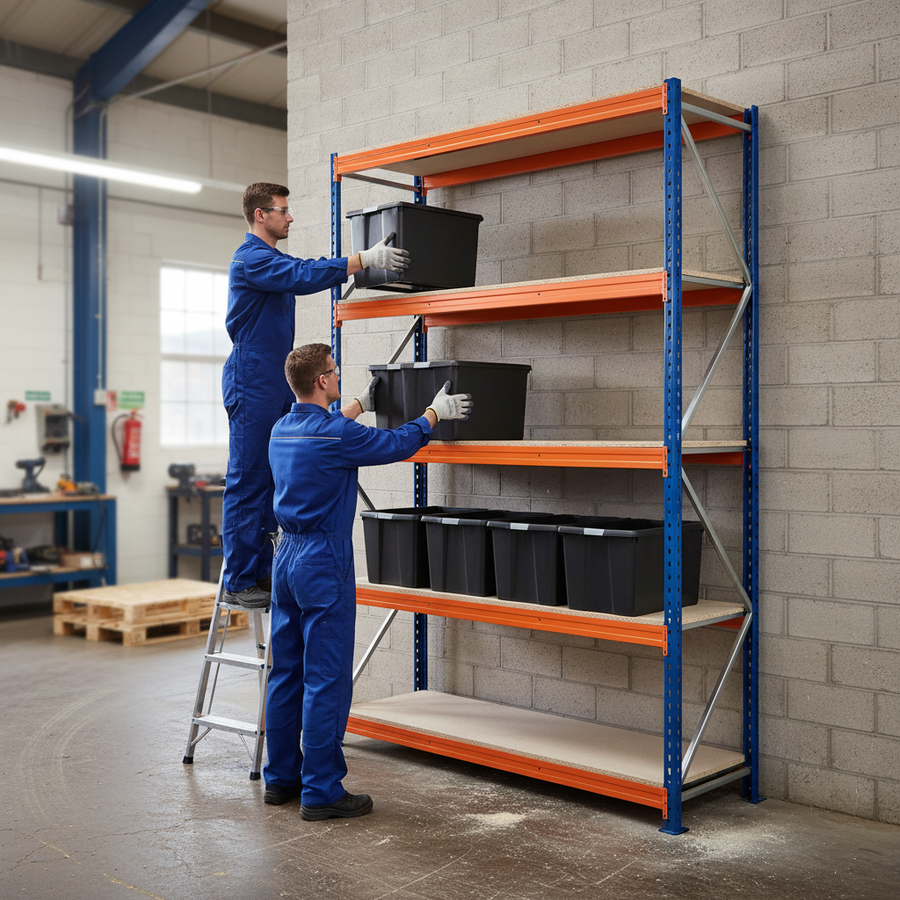 2x Heavy Duty Shelving - 1600mm High - Blue & Orange with 12x 37L Plastic Storage Boxes - Front view