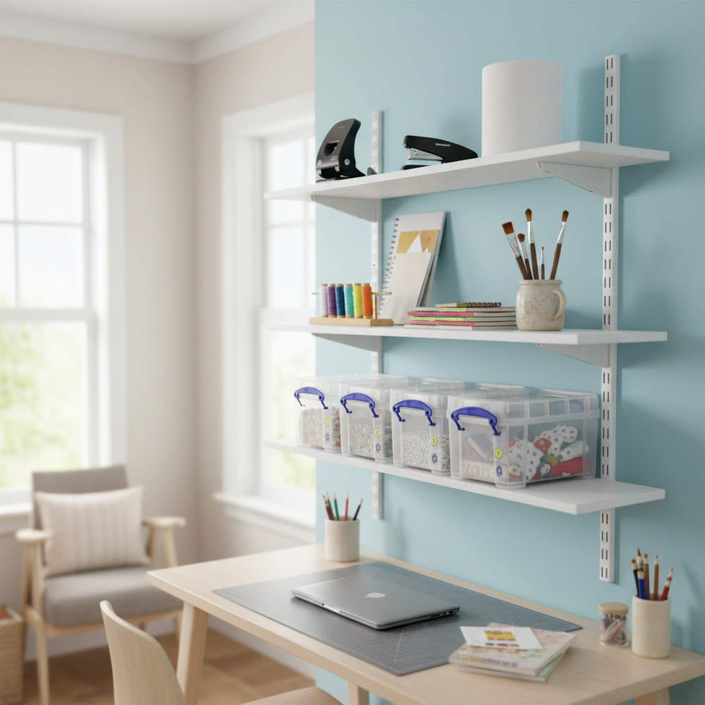 Premium Twin Slot Wall Mounted Shelving - 900mm Wide - White Melamine - Side view