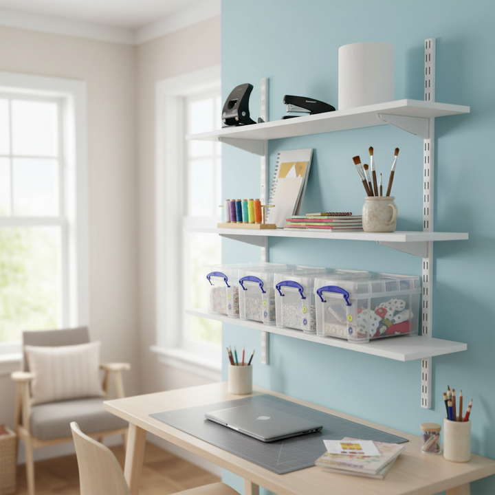 Premium Twin Slot Wall Mounted Shelving - 900mm Wide - White Melamine - Side view