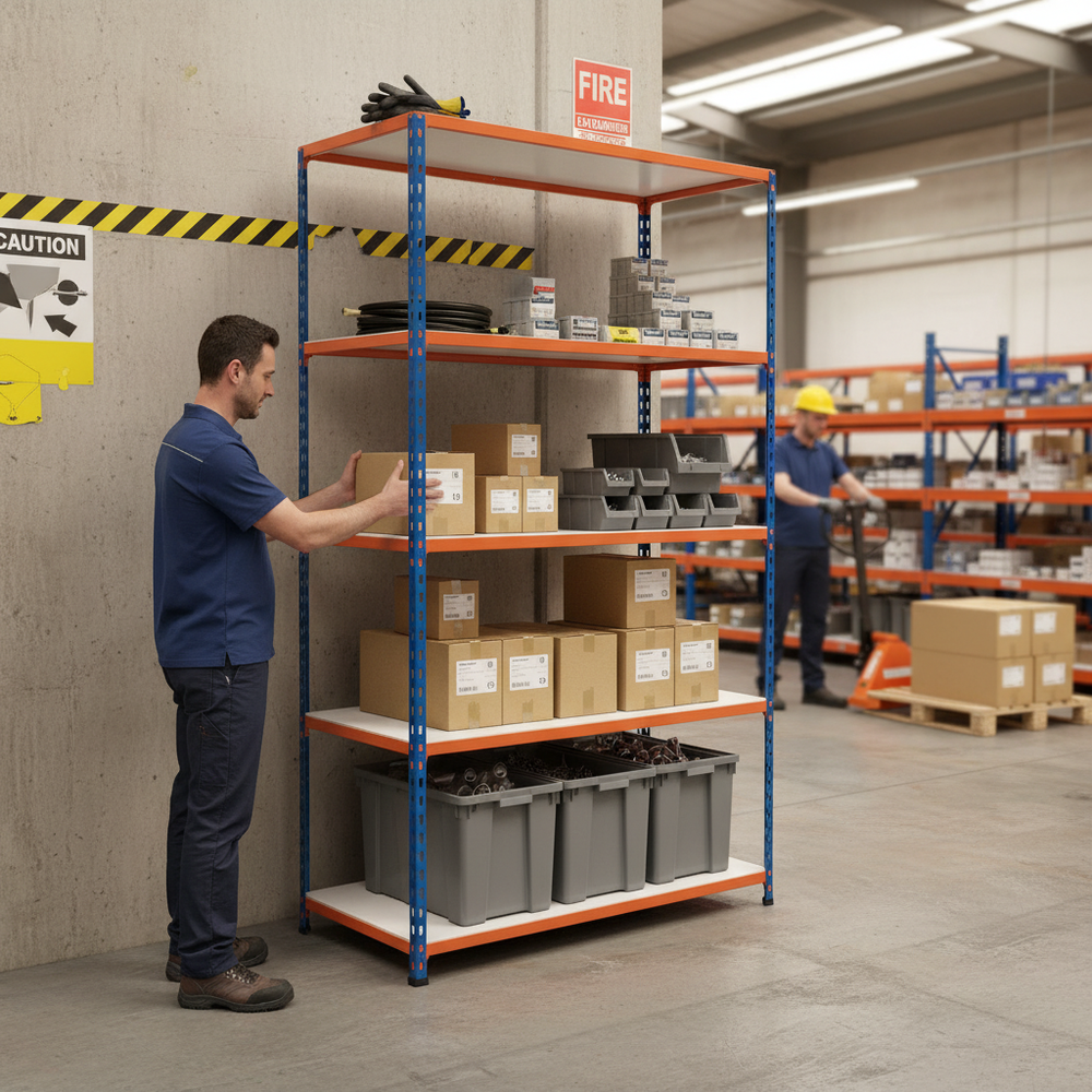 Premium Industrial Shelving - 2440mm High - 340kg Capacity - Melamine - Blue & Orange - Side view