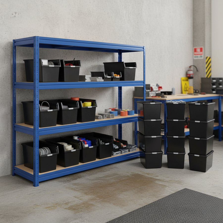 3x Premium Heavy Duty Shelving - 1770mm High with 12x 62L Plastic Storage Boxes - Front view