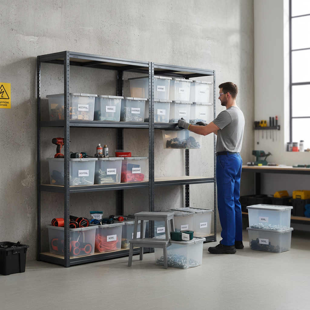2x Heavy Duty Shelving Unit - 1600mm High - Grey with 12x 60L Plastic Storage Boxes - Front view