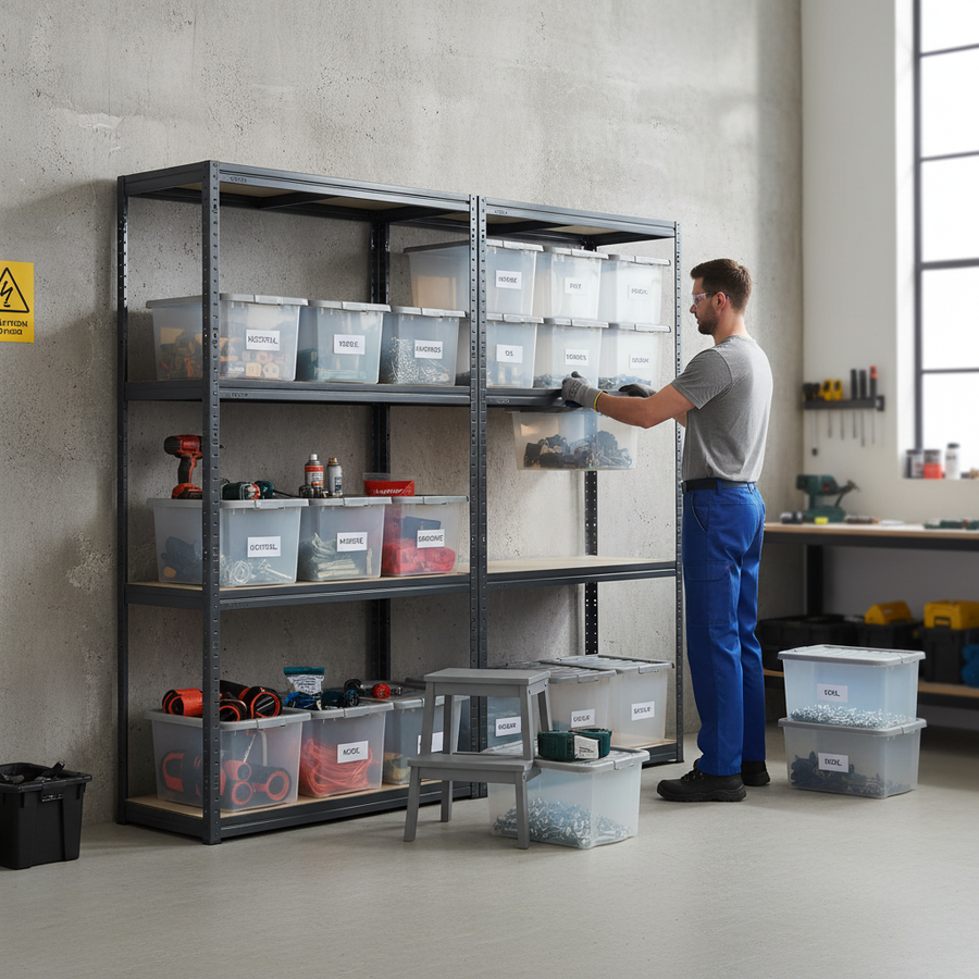 2x Heavy Duty Shelving Unit - 1600mm High - Grey with 12x 60L Plastic Storage Boxes - Front view