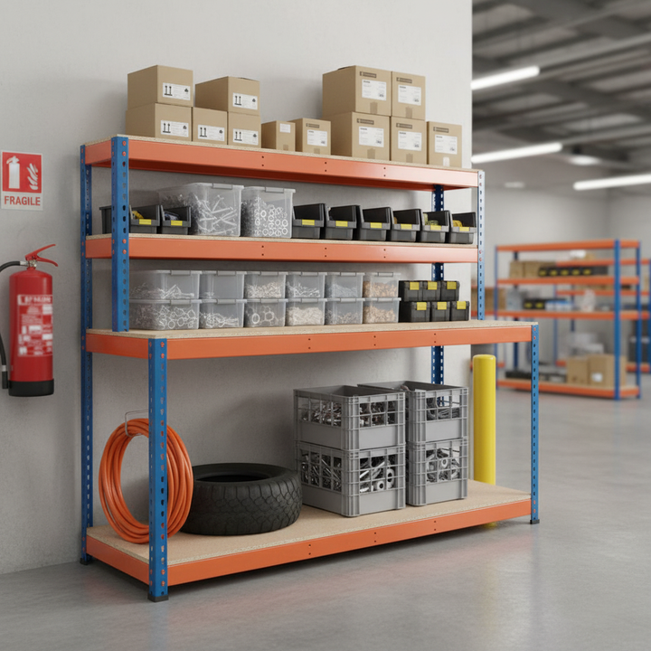 Heavy Duty Workstation - 1677mm High - 400kg Capacity - Chipboard - Blue & Orange - Front view