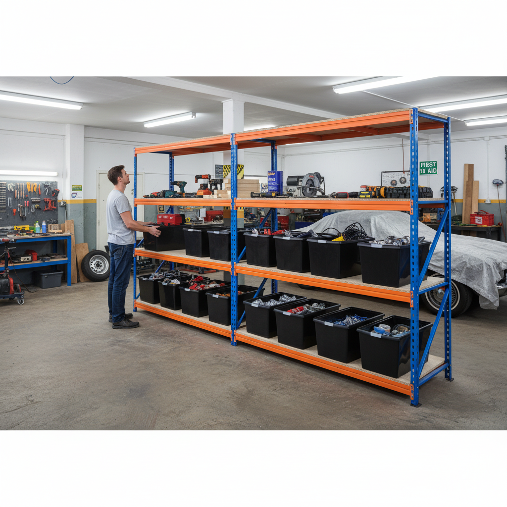 3x Heavy Duty Shelving - 1800mm High - Blue & Orange with 12x 62L Plastic Storage Boxes - Side view