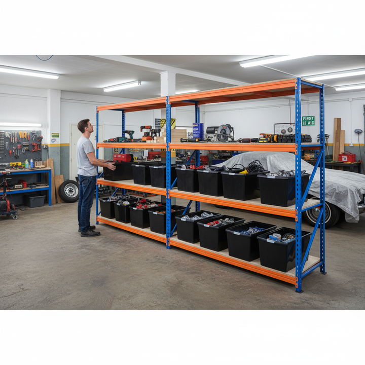3x Heavy Duty Shelving - 1800mm High - Blue & Orange with 12x 62L Plastic Storage Boxes - Side view