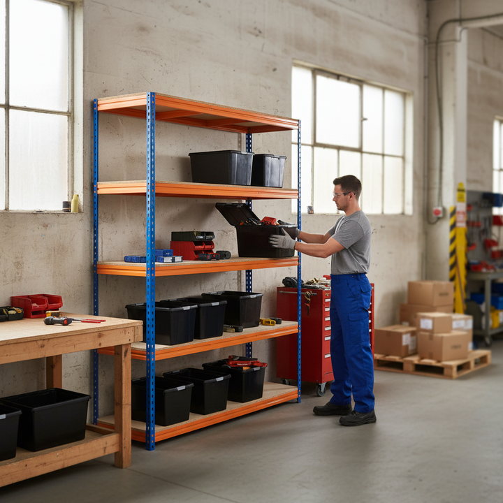 3x Premium Heavy Duty Shelving - 1600mm High - Blue & Orange with 8x 37L Plastic Storage Boxes - Front view
