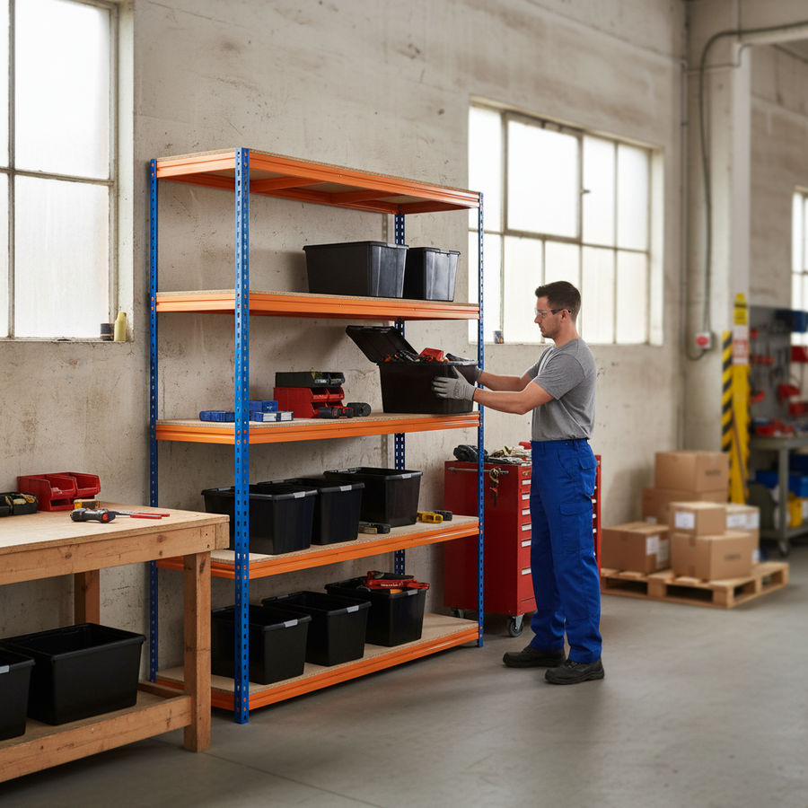 3x Premium Heavy Duty Shelving - 1600mm High - Blue & Orange with 8x 37L Plastic Storage Boxes - Front view