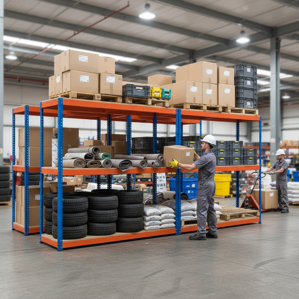 Heavy Duty Industrial Shelving - 1980mm High - 800kg Capacity - Chipboard - Blue & Orange - Side view