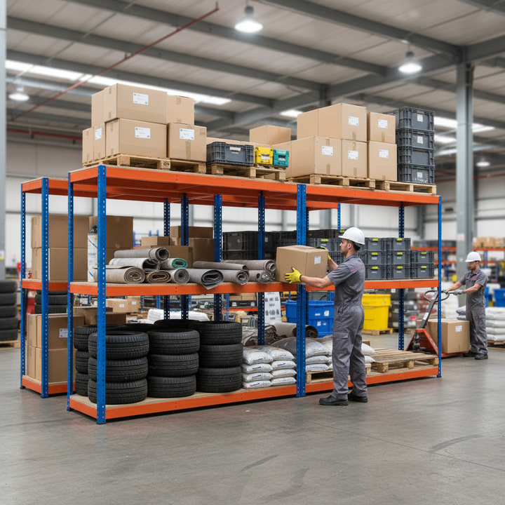 Heavy Duty Industrial Shelving - 1980mm High - 800kg Capacity - Chipboard - Blue & Orange - Side view