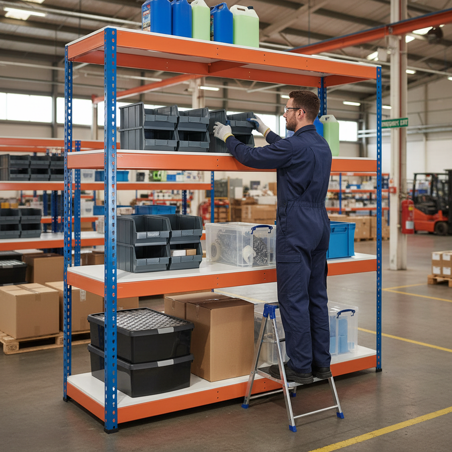 Premium Industrial Shelving - 3050mm High - 800kg Capacity - Melamine - Blue & Orange - Front view