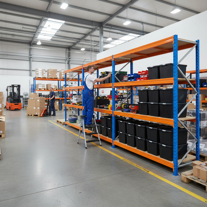 Premium Heavy Duty Shelving with 12x 62L DIY Storage Boxes - 1770mm High - Side view
