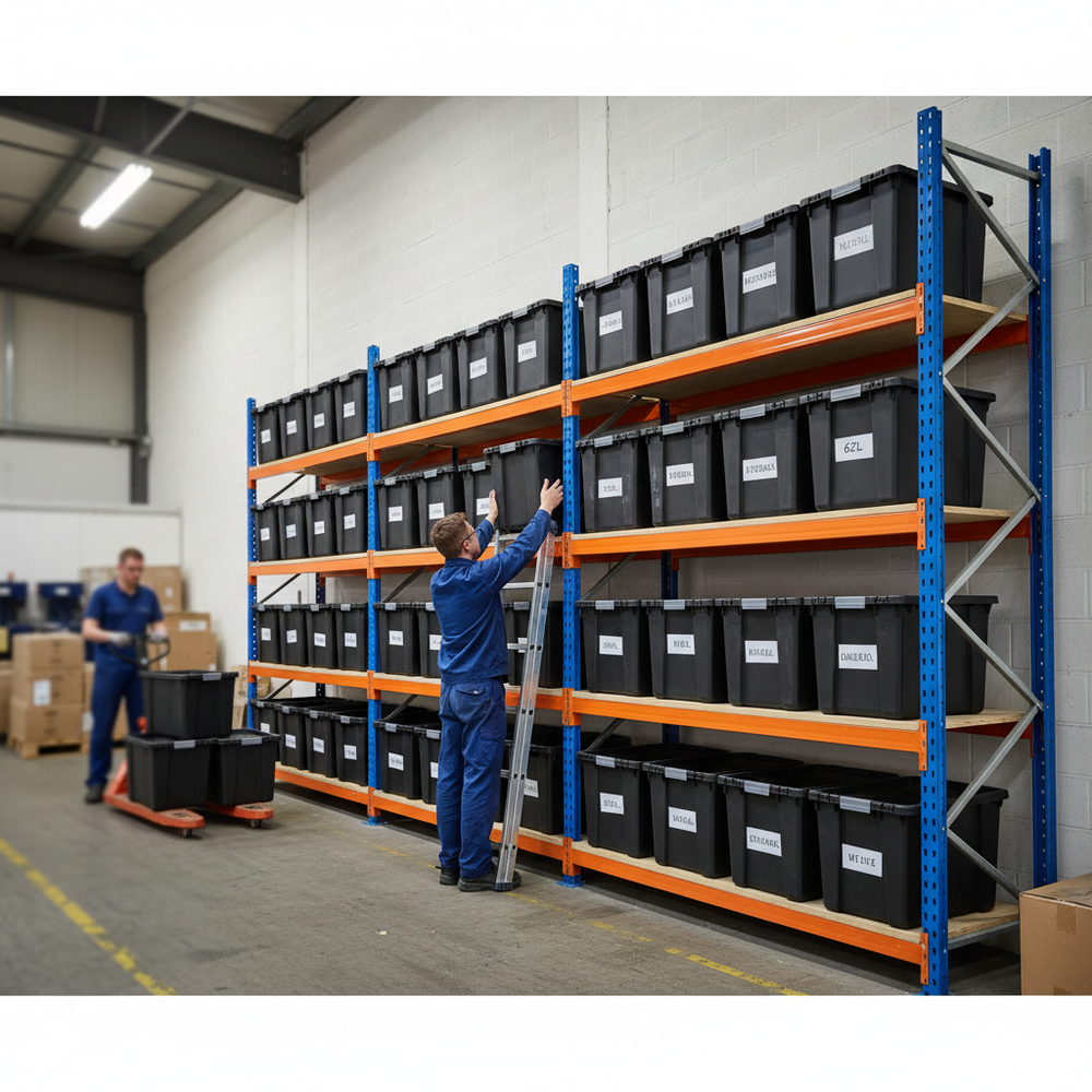 4x Heavy Duty Shelving Units - 1600mm High with 8x 62L Storage Boxes - Side view