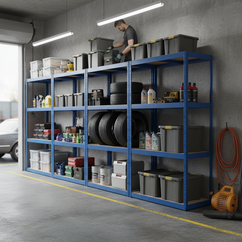 Premium Garage Shelving - 1600mm High - 200/280kg Load Capacity - Blue - Side view