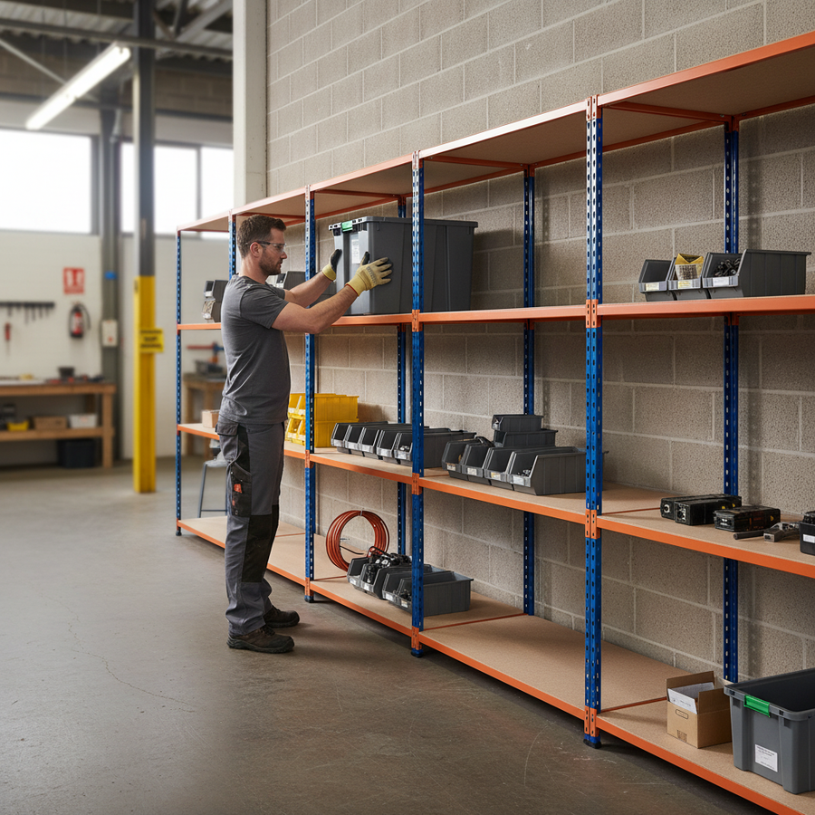 3x Heavy Duty Industrial Shelving - 1980mm High - 340kg Capacity - Chipboard - Blue & Orange - Front view