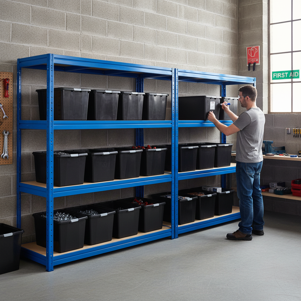 2x Heavy Duty Shelving - 1770mm High - Blue with 12x 37L Plastic Storage Boxes - Front view