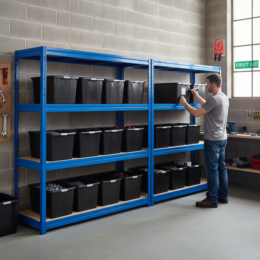 2x Heavy Duty Shelving - 1770mm High - Blue with 12x 37L Plastic Storage Boxes - Front view