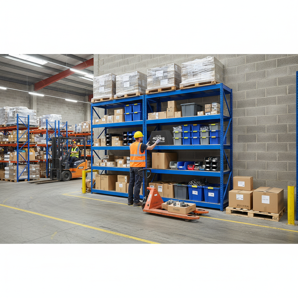 Heavy Duty 4x Industrial Shelving - 2440mm High - 400kg Capacity - Steel - Blue - Side view