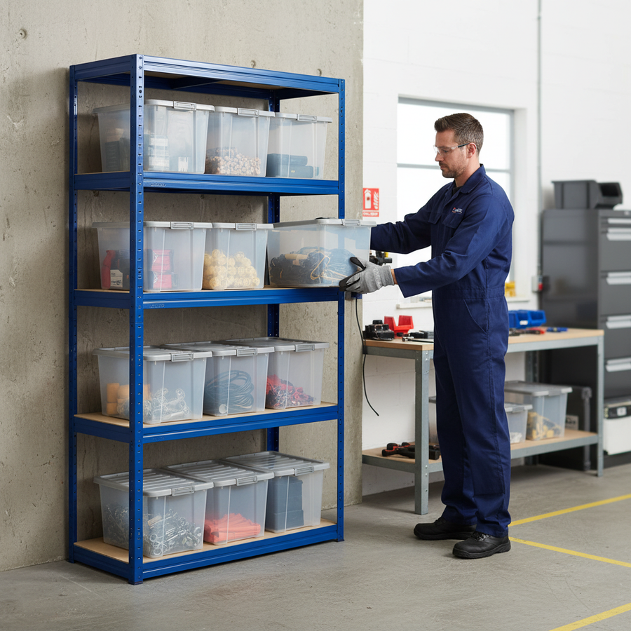 Heavy Duty Shelving Unit with 10 Plastic Storage Boxes - 1800mm High - Front view