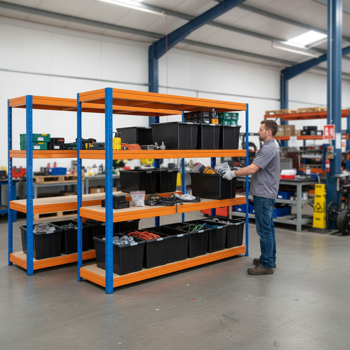 Premium Heavy Duty Shelving with 12x 62L DIY Storage Boxes - 1770mm High - Front view