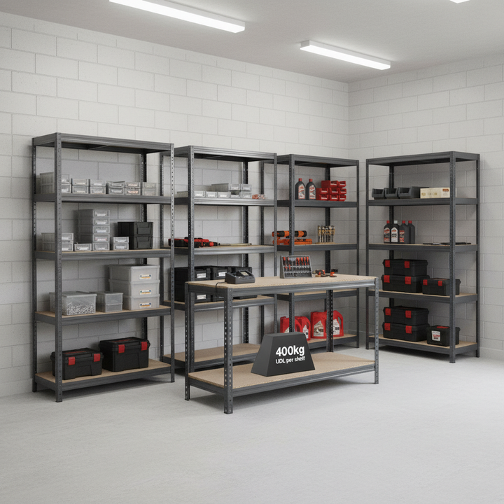 4 Heavy Duty Shelving Units - 1800mm High & 1 Professional Workbench - 1600mm Wide - Grey - Front view