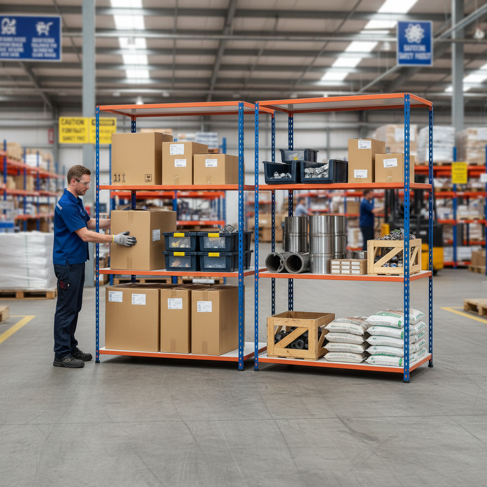 Heavy Duty Industrial Shelving - 1980mm High - 340kg Capacity - Melamine - Blue & Orange - Side view
