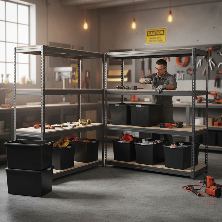 Heavy Duty Shelving with 12x 62L Storage Boxes - 1600mm High - Grey - Front view