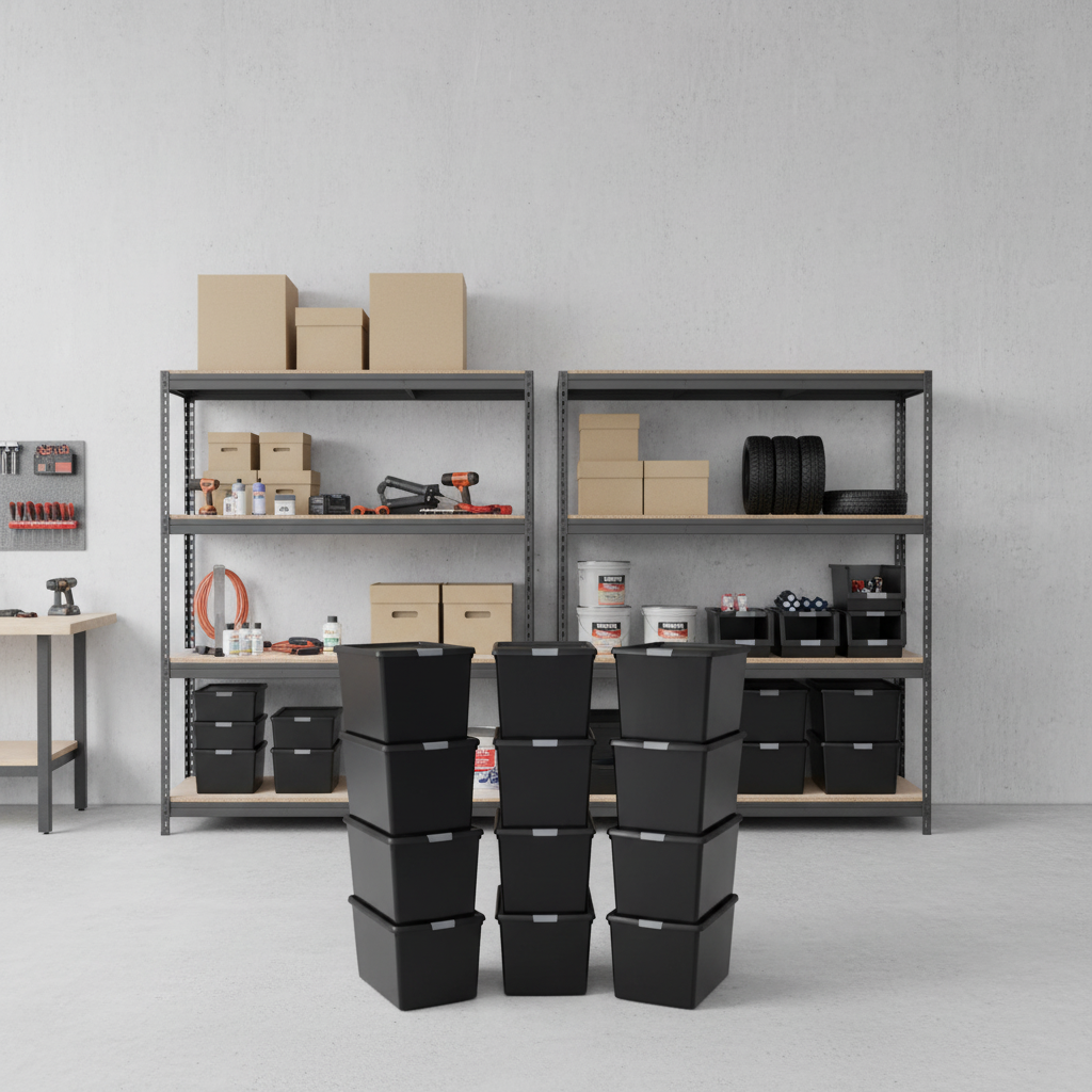 4x Premium Heavy Duty Shelving - 2000mm High - Grey with 12x 37L Plastic Storage Boxes - Front view