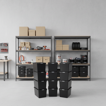4x Premium Heavy Duty Shelving - 2000mm High - Grey with 12x 37L Plastic Storage Boxes