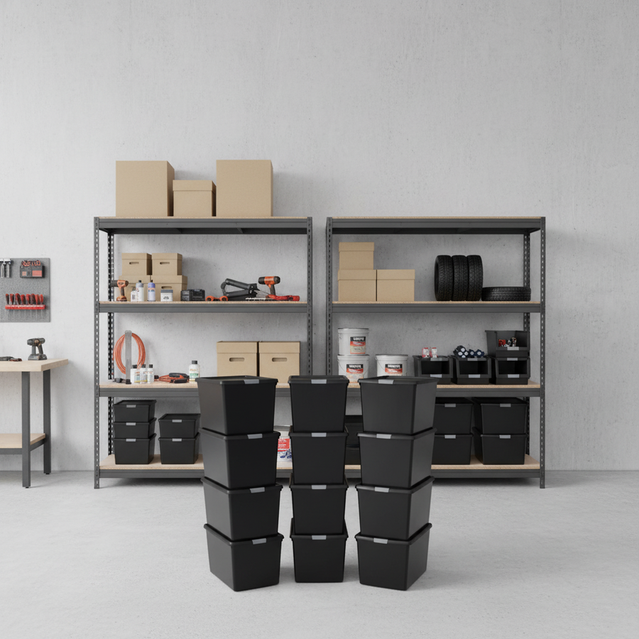 4x Premium Heavy Duty Shelving - 2000mm High - Grey with 12x 37L Plastic Storage Boxes - Front view