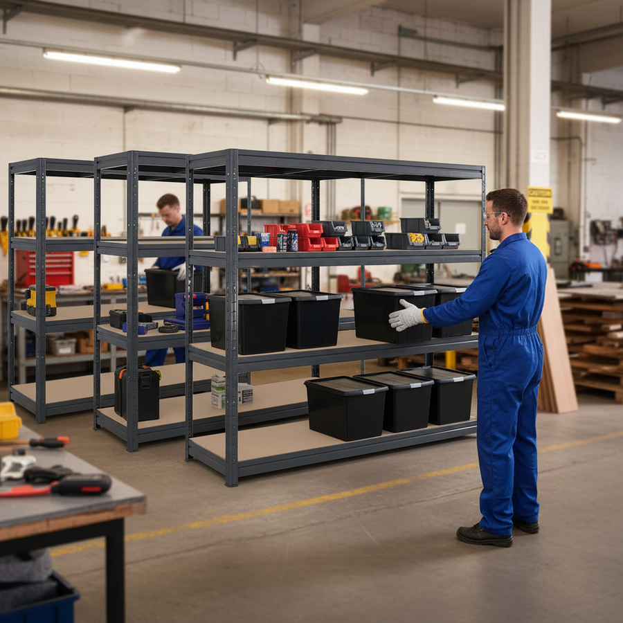 3x Premium Heavy Duty Shelving - 1770mm High - Grey with 8x 37L Plastic Storage Boxes - Front view