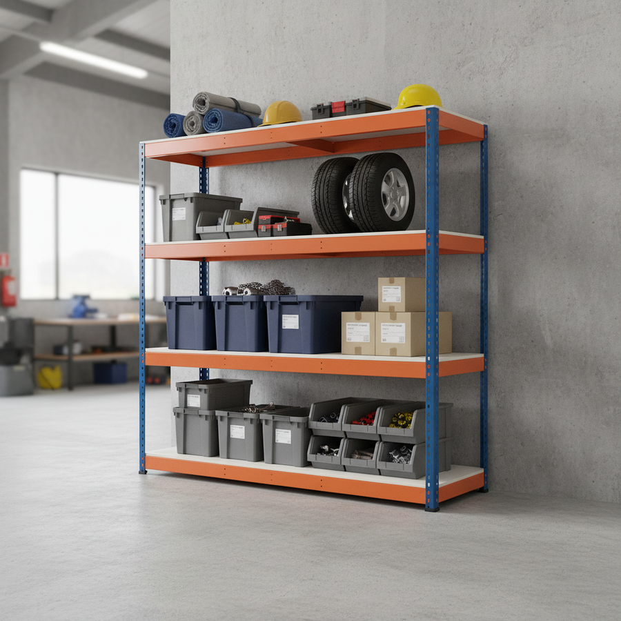 Premium Heavy Duty Industrial Shelving - 1677mm High - 400kg Capacity - Melamine - Blue & Orange - Front view