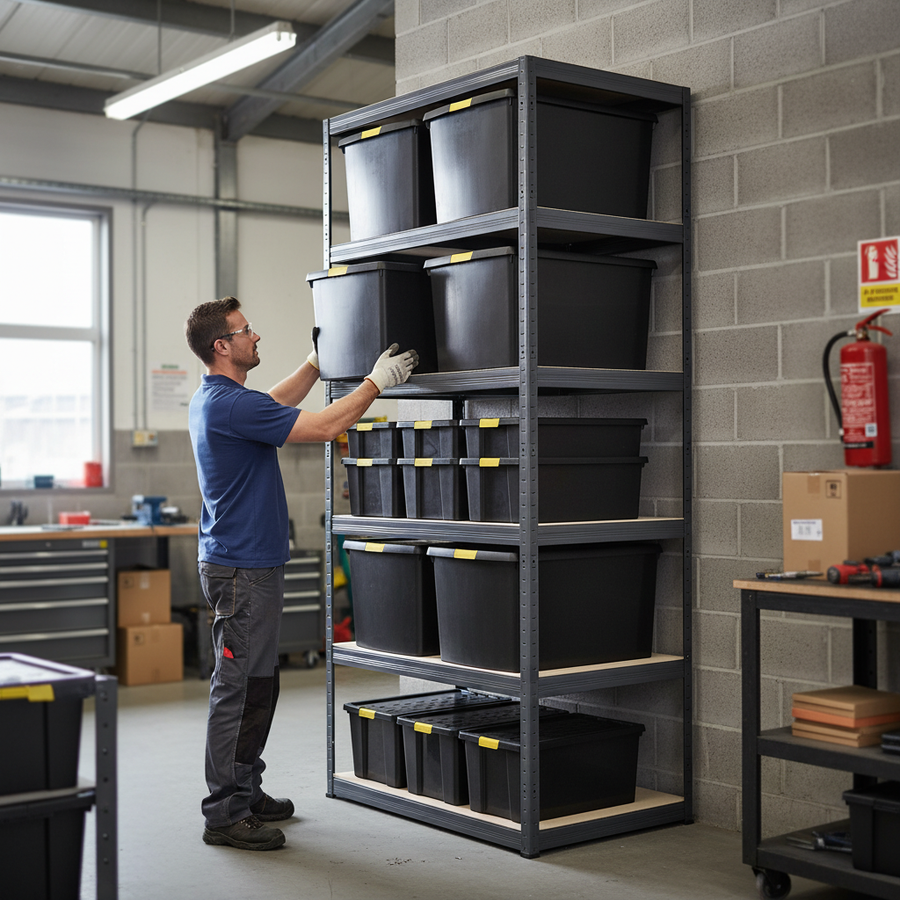 Heavy Duty Shelving Unit with Recycled Plastic Storage Boxes - 1800mm High - Grey - Front view