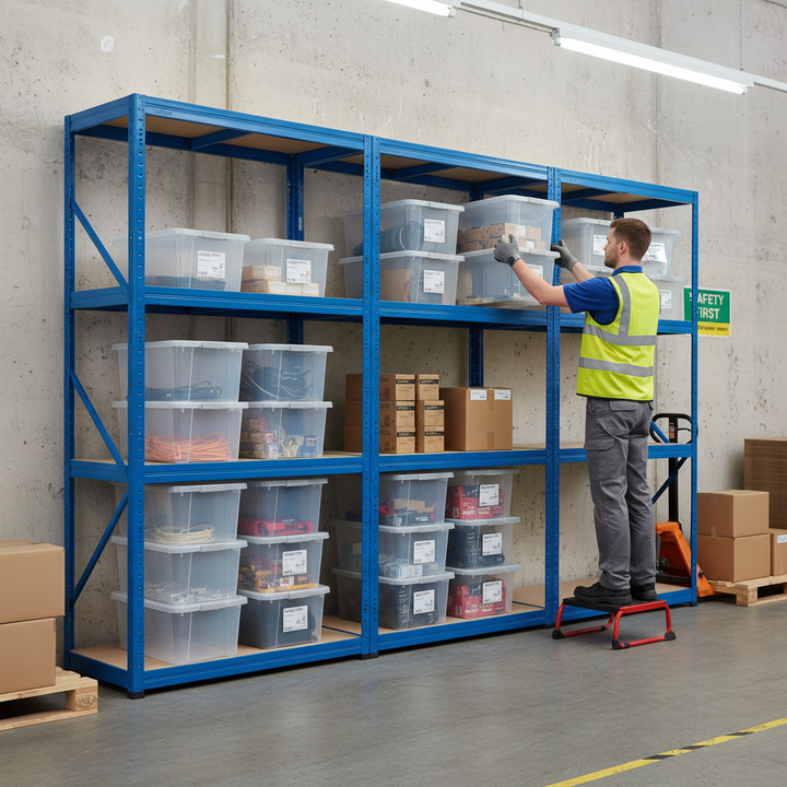 Professional Heavy Duty Shelving Unit with 12x 60L Plastic Storage Boxes - Front view