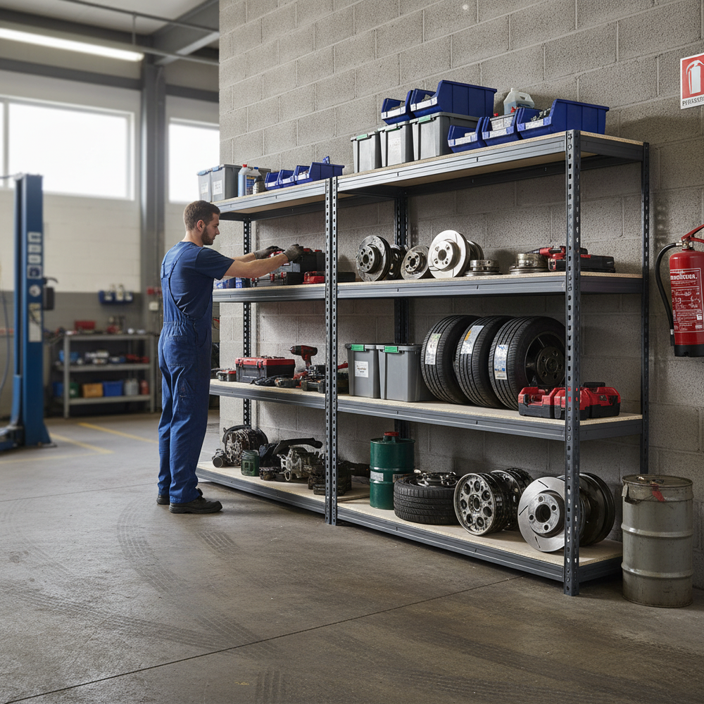 2x Heavy Duty Garage Shelving - 2200mm High - 500kg Load Capacity - Grey - Side view