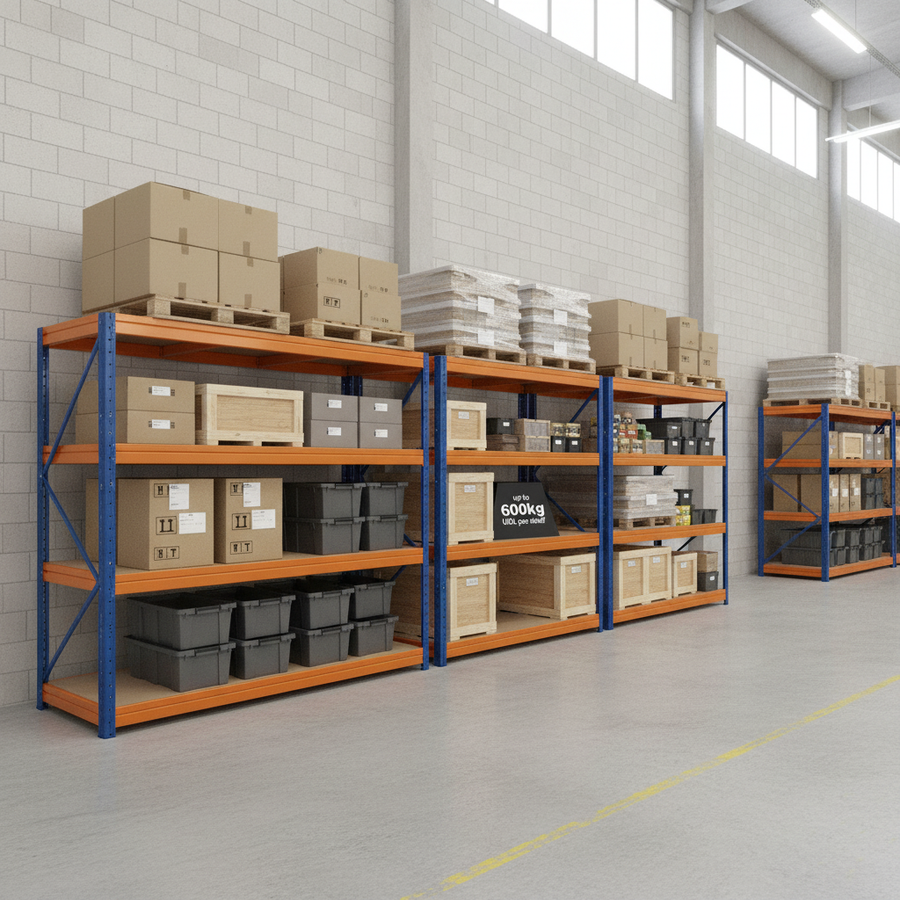 Heavy Duty Industrial Shelving - 1770mm High - 600kg Load Capacity - Blue & Orange - Front view