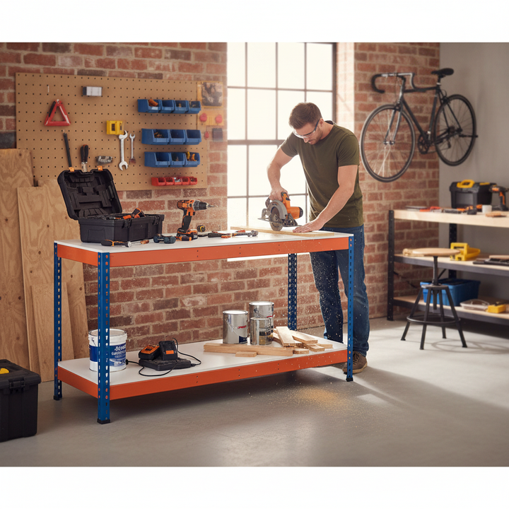 Heavy Duty Workbench - 915mm High - 400kg Capacity - Melamine - Blue/Orange - Side view
