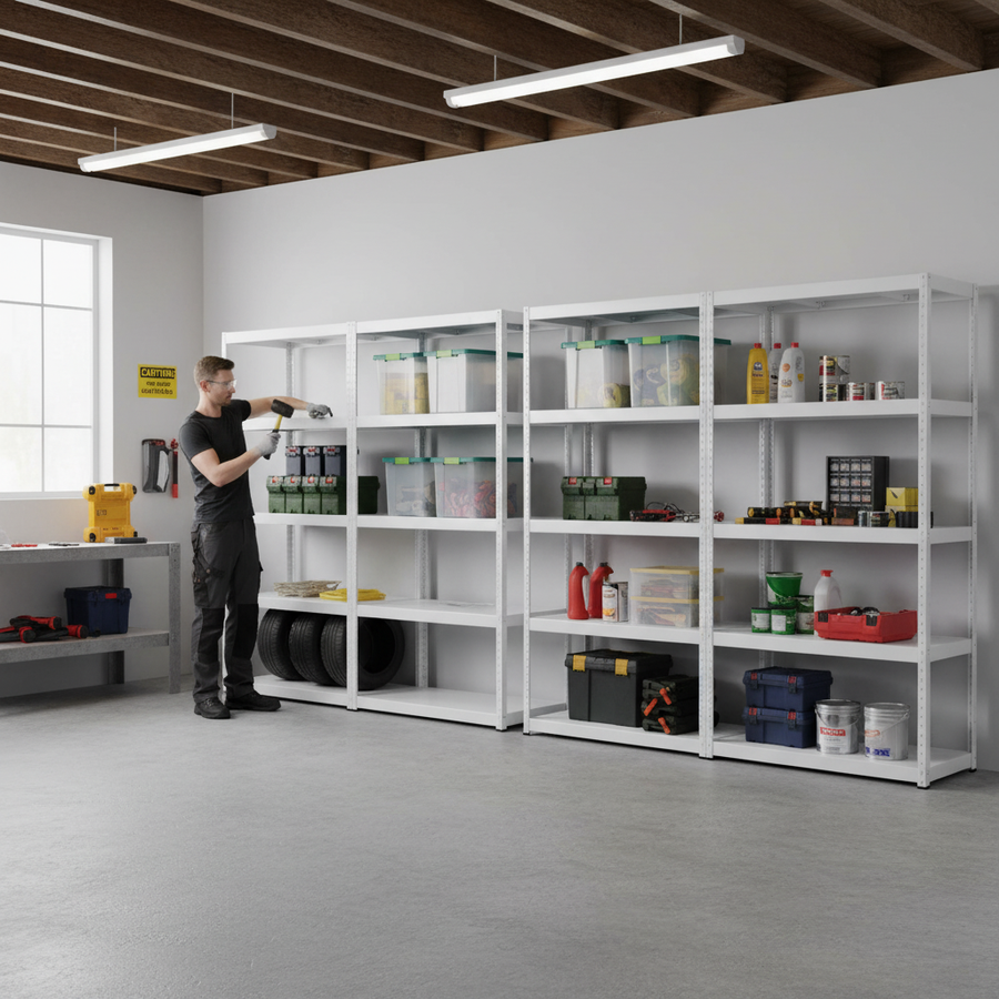 4 Tier Heavy Duty Metal Shed Shelving - 1800mm High - 90/130kg Capacity - White - Front view